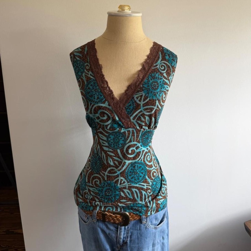 Vintage Y2K Boho Brown Turquoise Lace Trim Blouse Whimsigoth Top L